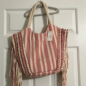 Time And Tru Women's Fringe Woven Tote Bag Dusty Rose Stripe